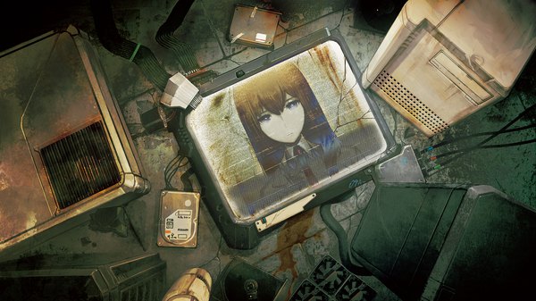 Anime picture 1920x1080 with steins;gate white fox makise kurisu huke single long hair fringe highres hair between eyes brown hair wide image from above grey eyes expressionless girl shirt necktie white shirt computer screen