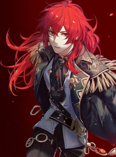 Anime picture 1323x1786 with genshin impact diluc ragnvindr sb (artist) single long hair tall image fringe simple background hair between eyes red eyes looking away red hair low ponytail boy tassel vision (genshin impact)