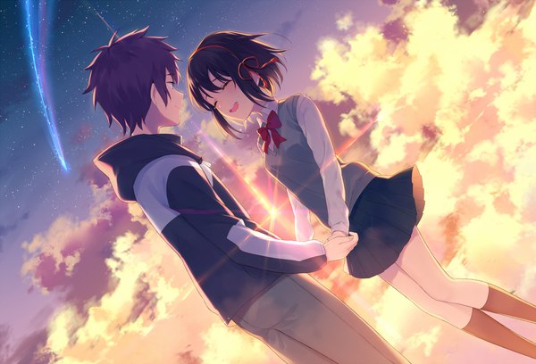 Anime picture 1400x952 with kimi no na wa miyamizu mitsuha tachibana taki achiki fringe short hair open mouth black hair smile hair between eyes brown hair sky cloud (clouds) outdoors eyes closed long sleeves profile pleated skirt wind black eyes