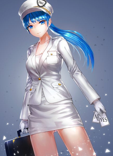 Anime picture 853x1175 with original kfr single long hair tall image looking at viewer blue eyes blue hair girl skirt suit peaked cap