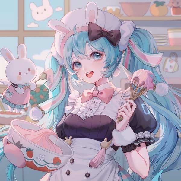 Anime picture 2048x2048 with vocaloid hatsune miku rabbit yukine jing li single long hair looking at viewer fringe highres open mouth smile hair between eyes twintails holding upper body ahoge indoors :d aqua eyes aqua hair