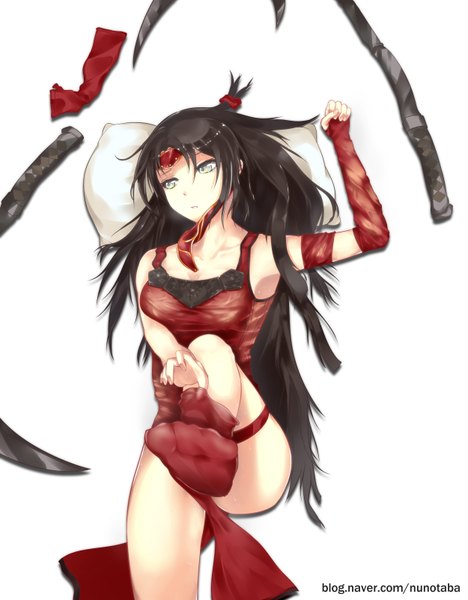 Anime picture 2500x3200 with league of legends akali (league of legends) bbayu single long hair tall image highres black hair simple background white background green eyes looking away girl weapon socks pillow teardrop