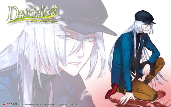 Anime picture 1280x800 with dandelion: wishes brought to you ji-hae cheritz single looking at viewer fringe blue eyes wide image sitting game cg silver hair very long hair light smile inscription official art boy flat cap