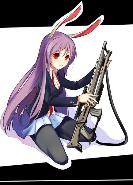 Anime picture 4092x5648 with touhou reisen udongein inaba 5015632 long hair tall image highres red eyes absurdres purple hair bunny ears girl skirt weapon miniskirt gun