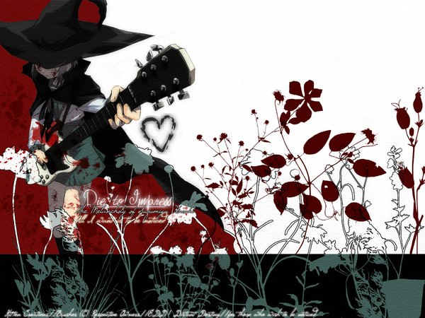 Аниме картинка 1024x768 с меланхолия харухи судзумии kyoto animation нагато юки один (одна) короткие волосы стоя белый фон надпись ведьма музыкант девушка цветок (цветы) шляпа сердце (символ) кровь гитара