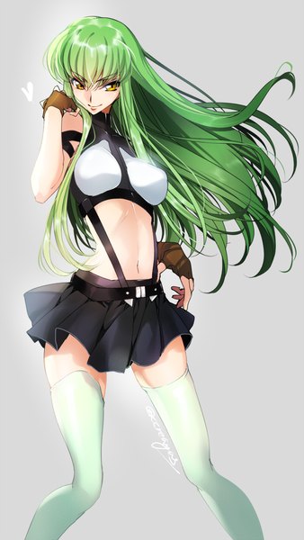 Anime picture 700x1239 with code geass cross ange sunrise (studio) c.c. angelise ikaruga misurugi creayus single long hair tall image looking at viewer fringe simple background smile bare shoulders signed yellow eyes pleated skirt green hair grey background bare belly