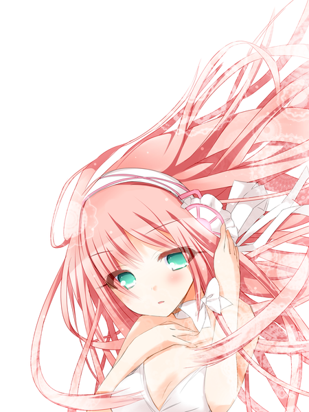 Anime picture 1920x2560 with original kanzaki yuki single long hair tall image blush highres breasts light erotic simple background white background bare shoulders green eyes pink hair cleavage adjusting hair girl dress bow hairband