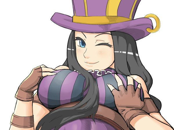 Anime picture 1101x826 with league of legends caitlyn (league of legends) single long hair blush breasts blue eyes light erotic black hair smile large breasts one eye closed wink girl gloves hat