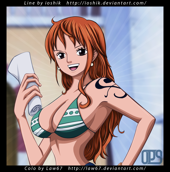 Anime picture 1280x1297 with one piece toei animation nami (one piece) law67 single long hair tall image looking at viewer breasts open mouth light erotic smile brown hair large breasts brown eyes tattoo coloring framed girl swimsuit