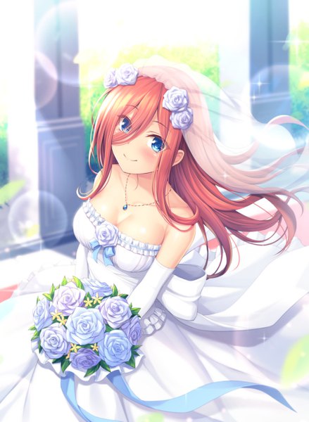 Anime picture 900x1230 with go-toubun no hanayome nakano miku tiphereth single long hair tall image looking at viewer blush fringe breasts blue eyes light erotic smile hair between eyes standing bare shoulders holding payot pink hair cleavage