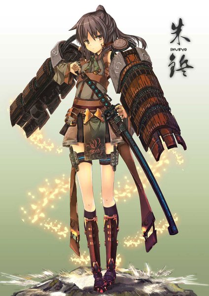 Anime picture 1024x1448 with original inabi single long hair tall image looking at viewer black hair standing bare shoulders ponytail orange eyes hieroglyph girl weapon detached sleeves sword katana