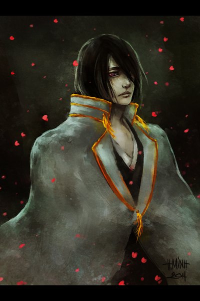 Anime picture 800x1200 with bleach studio pierrot kuchiki byakuya nanfe single tall image looking at viewer fringe short hair black hair red eyes signed traditional clothes japanese clothes hair over one eye letterboxed boy petals