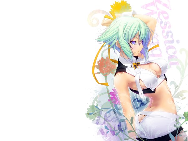 Anime picture 1600x1200 with aquarion (series) aquarion evol satelight zessica wong nilitsu single short hair breasts light erotic simple background white background purple eyes bare shoulders green hair inscription girl flower (flowers) ribbon (ribbons) hair ribbon