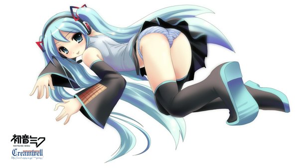 Anime picture 1920x1080 with vocaloid hatsune miku highres light erotic wide image white background girl underwear panties striped panties