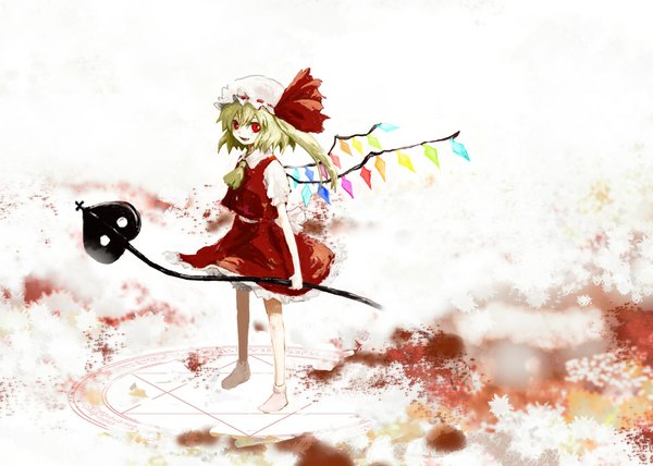 Anime picture 1050x750 with touhou flandre scarlet poncho (pixiv) single looking at viewer short hair open mouth blonde hair smile red eyes no shoes one side up magic girl skirt weapon wings socks white socks bonnet