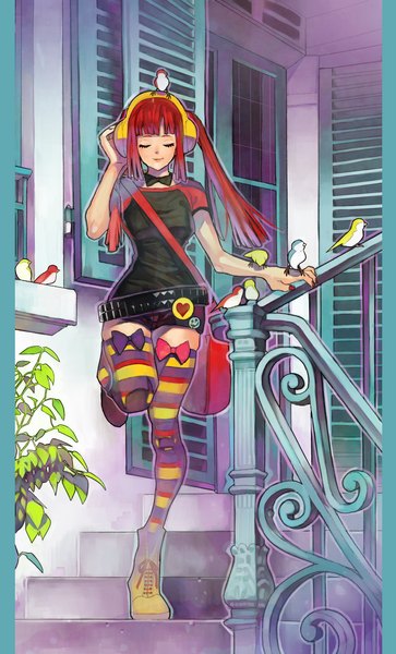 Anime picture 1000x1653 with original arutera single tall image fringe twintails red hair eyes closed nail polish music girl thighhighs bow plant (plants) animal choker shorts boots belt window