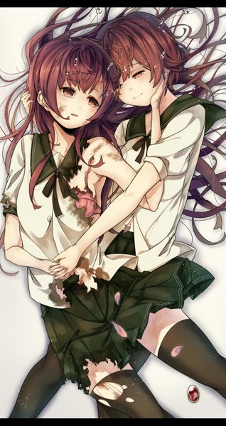 Anime picture 530x1000 with kantai collection kisaragi destroyer mutsuki destroyer chako (artist) long hair tall image fringe open mouth light erotic brown hair bare shoulders brown eyes light smile tears torn clothes holding hands shoujo ai crying girl thighhighs