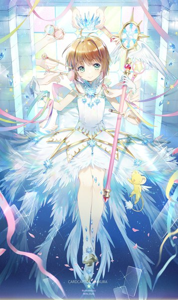 Anime picture 1097x1841 with card captor sakura clamp kinomoto sakura kero ekita xuan tall image looking at viewer blush fringe short hair smile hair between eyes brown hair holding green eyes signed full body copyright name symbol-shaped pupils makeup