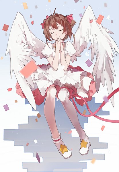 Anime picture 588x850 with card captor sakura clamp kinomoto sakura nine (liuyuhao1992) single tall image short hair smile brown hair sitting ahoge eyes closed two side up angel wings girl dress ribbon (ribbons) bow hair bow wings