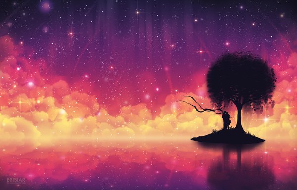 Anime picture 1483x953 with original erisiar long hair short hair standing signed night wallpaper night sky couple reflection kiss fog lake girl dress boy plant (plants) tree (trees) water