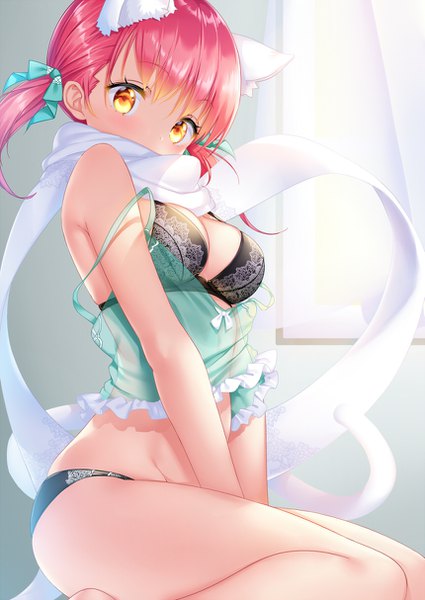 Anime picture 859x1214 with original zizi (zz22) single long hair tall image looking at viewer blush fringe breasts light erotic large breasts sitting twintails animal ears yellow eyes pink hair indoors tail blunt bangs animal tail
