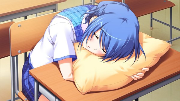 Anime picture 1024x576 with primary step short hair wide image blue hair game cg eyes closed sleeping girl serafuku pillow