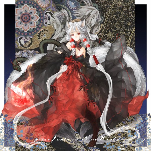 Anime picture 1800x1800 with original pixiv fantasia pixiv fantasia new world tagme (artist) long hair highres red eyes bare shoulders animal ears white hair tail very long hair barefoot horn (horns) cat ears multiple tails werewolf girl dress hair ornament