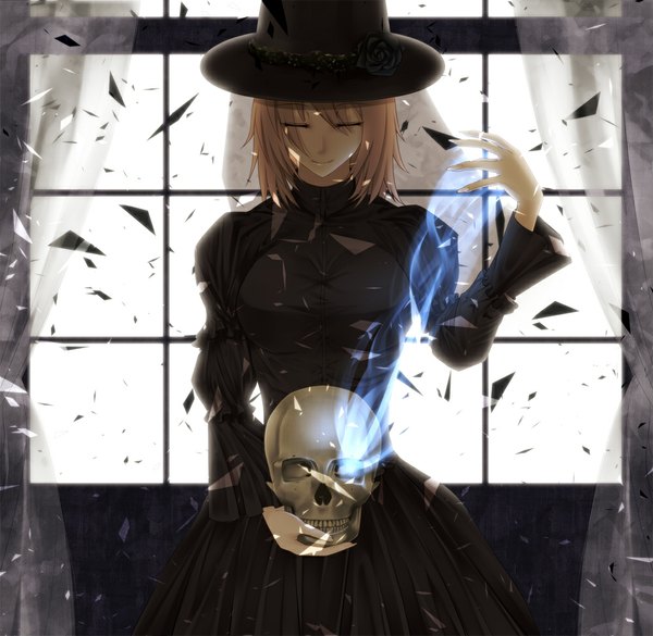 Аниме картинка 1000x976 с оригинальное изображение karube karu один (одна) короткие волосы светлые волосы закрытые глаза пылает девушка платье шляпа череп