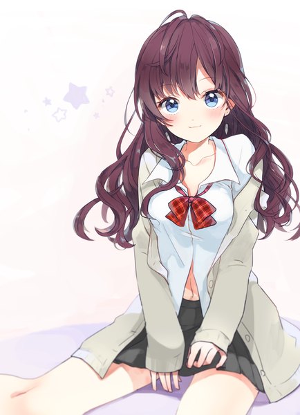 Anime picture 800x1104 with idolmaster idolmaster cinderella girls ichinose shiki nashi tsuta single long hair tall image looking at viewer blush breasts blue eyes smile brown hair sitting ahoge pleated skirt open shirt open collar partially open clothes girl