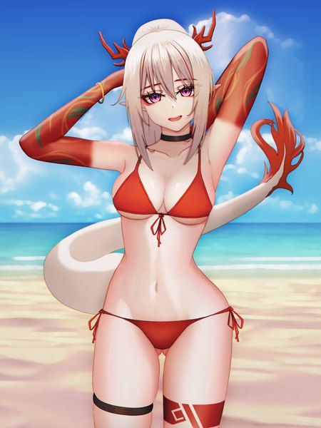 Anime picture 3000x4000 with arknights nian (arknights) absurd fox single long hair tall image looking at viewer fringe highres breasts open mouth light erotic smile hair between eyes standing purple eyes sky cloud (clouds) outdoors white hair