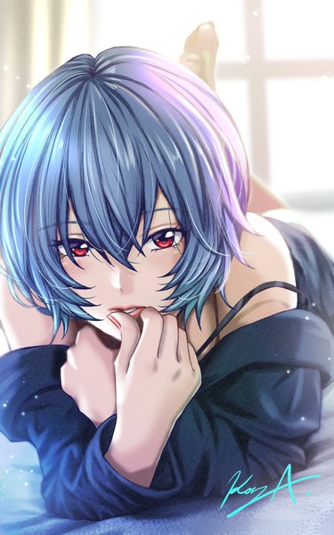 Anime picture 825x1320 with neon genesis evangelion gainax ayanami rei koya (koya x 00) single tall image looking at viewer fringe short hair hair between eyes red eyes bare shoulders signed blue hair indoors lying long sleeves nail polish parted lips barefoot