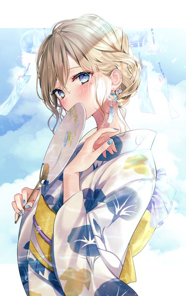 Anime picture 1030x1637 with original yugirlpict single tall image looking at viewer blush fringe short hair blue eyes blonde hair hair between eyes multiple girls sky cloud (clouds) upper body braid (braids) nail polish traditional clothes head tilt japanese clothes