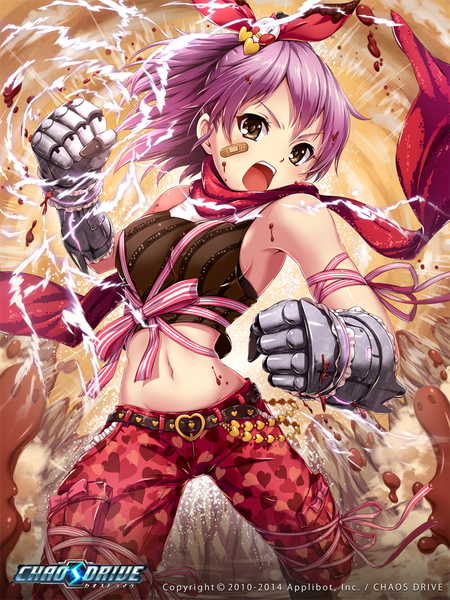 Anime-Bild 800x1067 mit chaos drive sakiyamama single tall image looking at viewer blush fringe short hair breasts open mouth hair between eyes bare shoulders brown eyes pink hair ponytail official art teeth bare belly copyright name bandaid on face