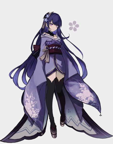 Anime picture 1878x2397 with genshin impact raiden shogun merry-san single tall image fringe highres simple background standing purple eyes bare shoulders looking away purple hair full body blunt bangs long sleeves very long hair traditional clothes japanese clothes hair flower