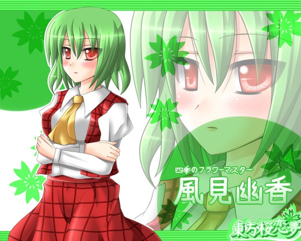 Anime picture 1280x1024 with touhou kazami yuuka hanazome dotera single blush short hair red eyes green hair inscription zoom layer girl skirt skirt set