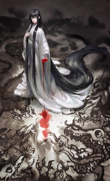Anime picture 2000x3274 with original kzcjimmy single tall image fringe highres black hair holding long sleeves very long hair traditional clothes japanese clothes light smile grey background hand on chest fantasy girl kimono blood cup