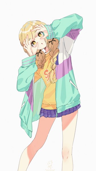 Anime picture 3600x6400 with idolmaster gakuen idolmaster fujita kotone cz (mikumikumi) single long hair tall image looking at viewer highres simple background blonde hair standing white background yellow eyes absurdres braid (braids) head tilt arms up open jacket leaning