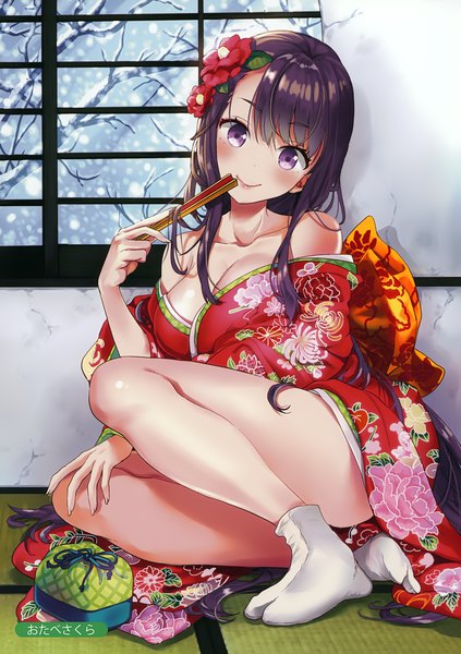 Anime picture 2469x3500 with melonbooks otabe sakura single long hair tall image looking at viewer blush highres breasts light erotic smile purple eyes bare shoulders purple hair full body indoors traditional clothes head tilt japanese clothes hair flower