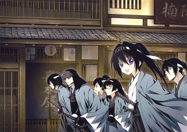 Anime picture 3300x2339 with original eshi 100-nin ten motoyon long hair looking at viewer highres open mouth blue eyes black hair purple eyes multiple girls brown eyes yellow eyes looking away absurdres ponytail traditional clothes japanese clothes scan multiple boys