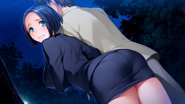 Anime picture 1280x720 with nanairo reincarnation fushimi azusa kagami makoto (nanairo reincarnation) sumeragi kohaku blush short hair breasts blue eyes light erotic brown hair wide image blue hair game cg ass looking back night shadow sweat thighs eyebrows