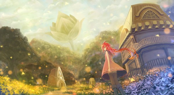 Anime picture 1496x816 with original bounin single long hair looking at viewer fringe smile red eyes wide image sky cloud (clouds) red hair wind back mountain girl thighhighs dress flower (flowers) plant (plants)