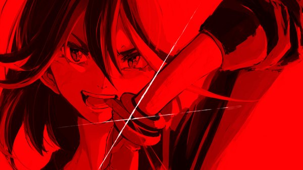 Anime picture 1920x1080 with kill la kill studio trigger matoi ryuuko minamito single looking at viewer highres short hair open mouth black hair simple background wide image red hair multicolored hair two-tone hair teeth short sleeves fang (fangs) wallpaper red background
