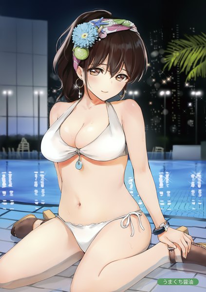 Anime picture 2465x3500 with melonbooks umakuchi shouyu single long hair tall image looking at viewer fringe highres light erotic smile hair between eyes brown hair sitting bare shoulders brown eyes cleavage outdoors ponytail scan night