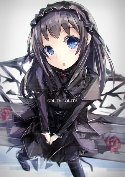 Anime picture 1447x2047 with original missle228 single long hair tall image looking at viewer blush fringe blue eyes black hair simple background long sleeves head tilt from above inscription :o gradient background text floral print english