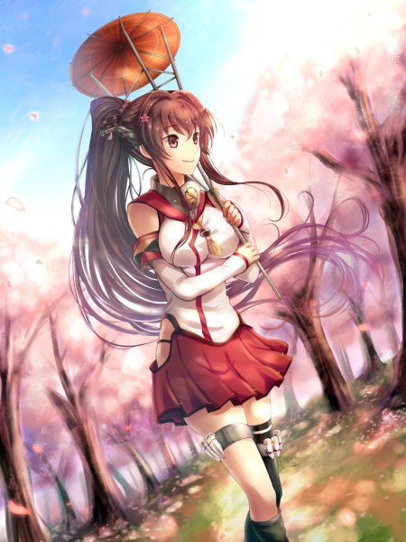 Anime picture 900x1200 with kantai collection yamato super battleship karo karo single long hair tall image brown hair brown eyes ponytail cherry blossoms girl skirt hair ornament plant (plants) detached sleeves tree (trees) umbrella