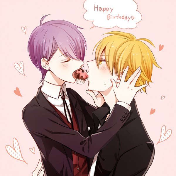 Anime picture 800x800 with lucky dog giulio di bondone gian carlo komichi96 blush fringe short hair light erotic simple background blonde hair hair between eyes yellow eyes purple hair ahoge eyes closed profile hair over one eye multiple boys hug piercing