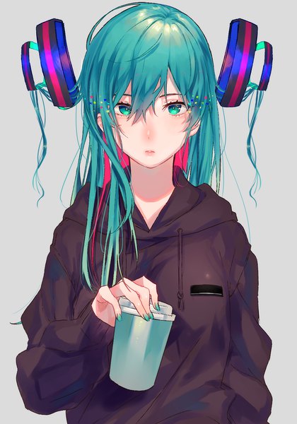 Anime picture 1051x1500 with vocaloid hatsune miku sinomi single long hair tall image looking at viewer fringe simple background hair between eyes holding upper body nail polish aqua eyes aqua hair grey background alternate hairstyle aqua nail polish hair down girl