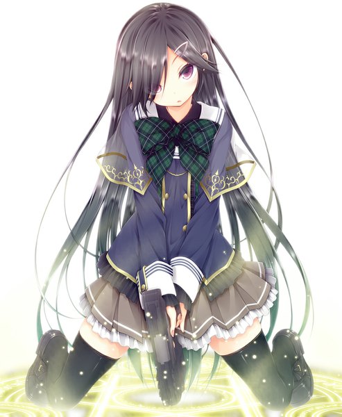 Anime picture 821x1000 with mahou sensou madhouse mf bunko aiba mui luna lia single long hair tall image looking at viewer blush fringe black hair purple eyes hair over one eye kneeling magic plaid girl thighhighs skirt