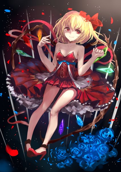 Anime picture 950x1343 with touhou flandre scarlet rinaka moruchi single tall image looking at viewer fringe short hair blonde hair smile red eyes bare shoulders looking away hair flower bare legs high heels alternate costume legs sleeveless girl