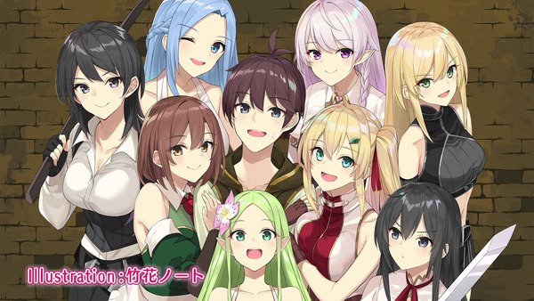 Anime picture 1920x1080 with ore dake haireru kakushi dungeon emma (ore dake haireru kakushi dungeon) lola (ore dake haireru kakushi dungeon) noir (ore dake haireru kakushi dungeon) luna (ore dake haireru kakushi dungeon) olivia (ore dake haireru kakushi dungeon) alice (ore dake haireru kakushi dungeon) leila (ore dake haireru kakushi dungeon) elna (ore dake haireru kakushi dungeon) driada (ore dake haireru kakushi dungeon) long hair looking at viewer blush fringe highres short hair breasts open mouth blue eyes black hair